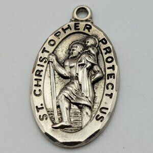 Vtg. Signed TK Sterling Silver St. Christopher Religious Medal Oval Pendant 1"